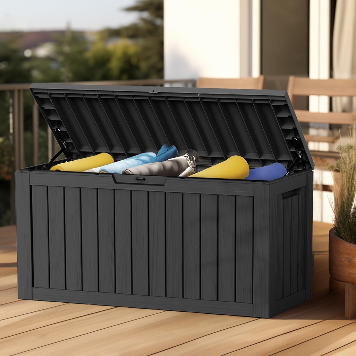 Vixzen 85 Gallon Resin Deck Box, Lockable Outdoor Storage Box for Patio Cushions Storage Furniture,Garden Tools, Pool Supplies, Weatherproof and UV Resistant