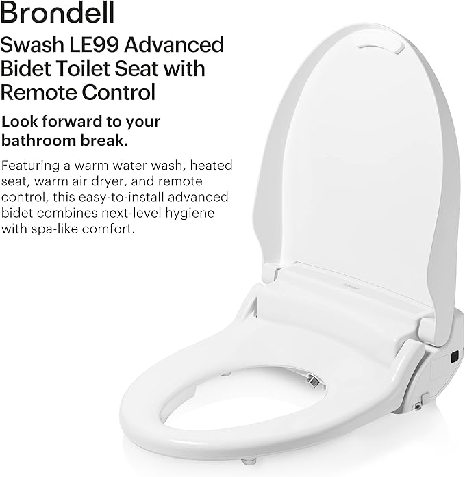 Brondell LE99 Bidet Toilet Seat, Fits Round Toilets, Electric Bidet with Remote, Warm Air Dryer, Strong Wash Mode, Stainless-Steel Nozzle, Saved User Settings & Easy Installation
