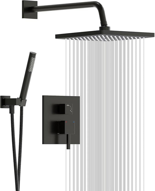 Esnbia Shower Faucet Set, Black Shower System with 10 Inches Rain Head and Handheld Spray, 2 Way Valve Kit, Matte Black
