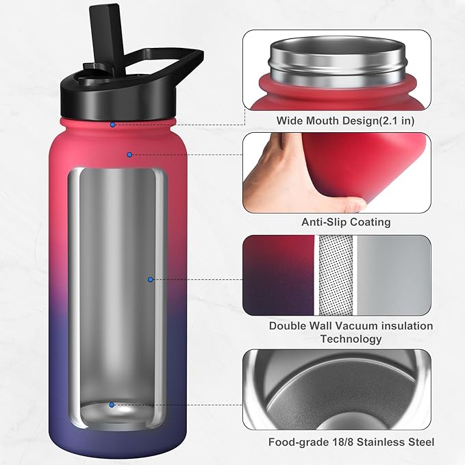 32oz Insulated Water Bottle with 3 Lids(Straw, Hand and Spout Lid), Double Vacuum Stainless Steel Metal Water Flask(BPA-free, CPC) for Sports, Camping, Hiking, Cycling, Fitness and more(Dark Rainbow)