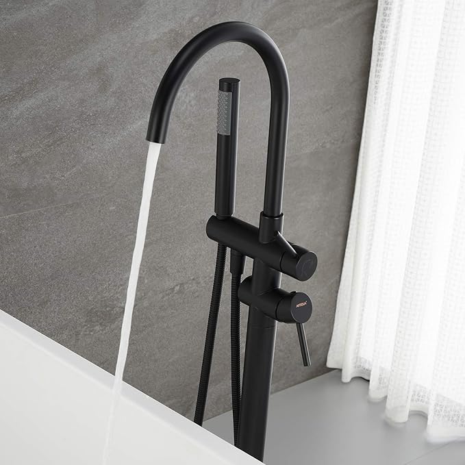 Freestanding Tub Filler Bathtub Faucet Black Floor Mount Brass Bathroom Faucets with Hand Shower