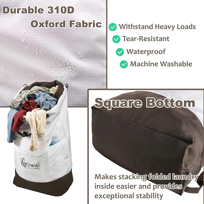 Backpack Laundry Bag, 125L Extra Large Travel Laundry Backpack, Waterproof Oxford Fabric Hamper Bag with Shoulder Straps, Extendable Dirty Clothes Bags for College Laundromat Apartment, Khaki