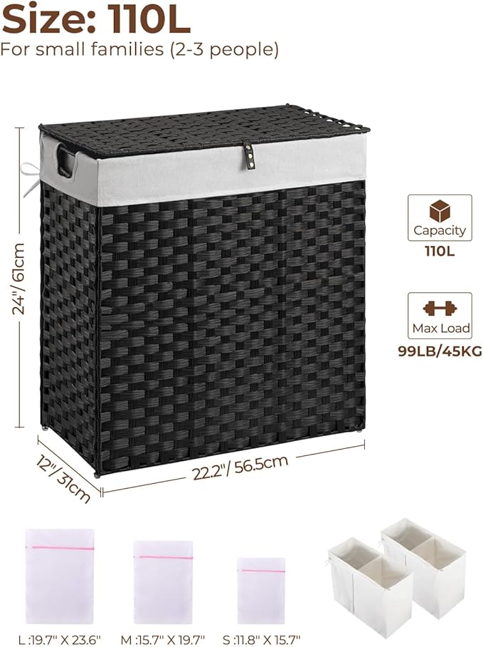 Greenstell Laundry Hamper with lid, No Install Needed, 110L Wicker Laundry Baskets Foldable 2 Removable Liner Bags, 2 Section Clothes Hamper Handwoven Rattan Laundry Basket with Handle, Black