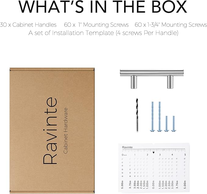 Ravinte 30 Pack | 4" Cabinet Pulls Brushed Nickel Stainless Steel Kitchen Cupboard Drawer Pulls Cabinet Handles 4 Inch Length，2-1/2 Inch Hole Center with Mounting