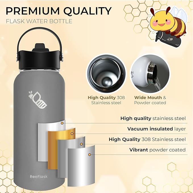 Sports Water Bottle - 32 Oz, 3 Lids (With straw), 50 Cute Stickers, Vacuum Insulated, 308 Stainless Steel, with a Portion of Sales Supporting Bee Conservation Efforts (Gray)