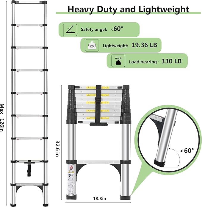 Telescoping Ladders 10.5 FT Aluminum Ladder - One-Button Retraction Collapsible Extension Ladder for Home,RV,Attic & Loft, Lasts 330 LBS with 2 Triangle Stabilizers and 2 Detachable Hooks