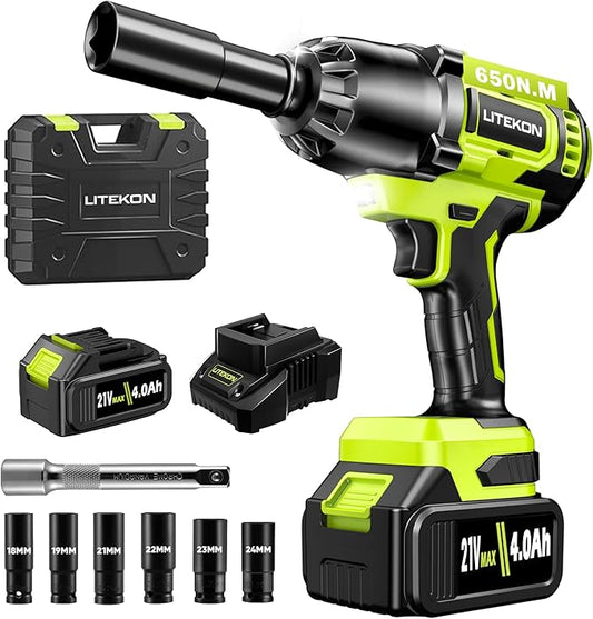 Cordless Impact Wrench 1/2 Inch, 480Ft-lbs (650N.m) Brushless High Power Impact Wrench Tool with 4000mAh Battery, 2500RPM High Torque Impact Gun, 7 Sockets for Home Car/Truck RV/Mower -2025 Upgraded