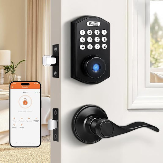 Probrico Keypad Door Lock with Handle Keyless Entry Door Lock, Smart Locks for Front Door Fingerprint Deadbolt with Handle, Black Smart Deadbolt Entry Door Handle Set