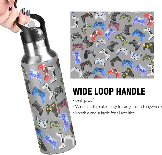 Gamer Gaming Weapon Gamepad Stainless Steel Water Bottle with Straw Lid - 20 Oz Sports Insulated Water Bottle Thermos for Sport Gym Outdoor Travel School