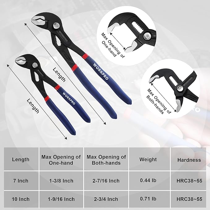 WORKPRO 2 Piece Groove Joint Pliers Set, 7 & 10-Inch Fast Adjustable Water Pump Pliers, V-Jaw Tongue and Groove Pliers in CRV Steel