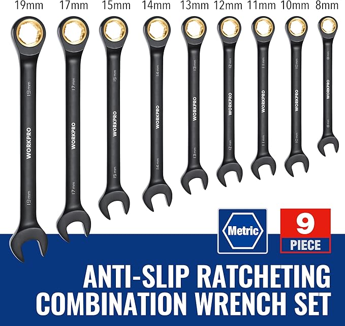 WORKPRO 9-Piece Anti-Slip Ratcheting Combination Wrench Set, Metric 8-19 mm, 72-Teeth, Cr-V Constructed, Black Ratchet Wrenches Set with Roll Up Pouch