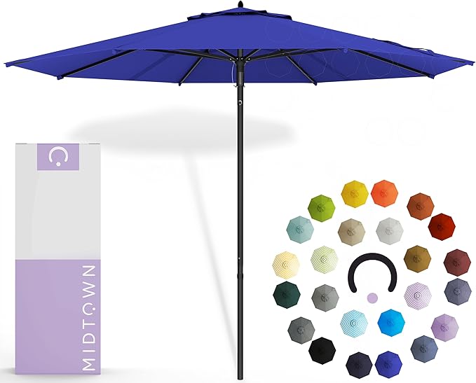 Midtown Umbrellas Push and Pop 10 Feet Outdoor Umbrella, Royal Blue Polyester Fabric - Fiberglass Ribs Deck Patio Umbrella, Backyard Umbrella, Garden Umbrella & Pool Umbrella - Black Pole
