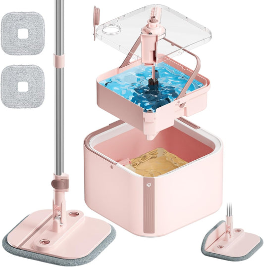 Upgraded Spin Mop and Bucket Set Self-Standing Mop Bucket Separate Dirty and Clean Water System Self Wringing 360° Rotating 90° Foldabl Mops and Buckets for Floor Cleaning (Pink, 2Pads)