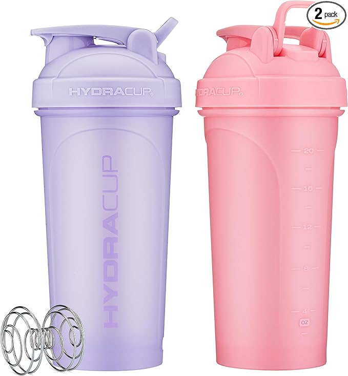Hydra Cup ProFlow [2 Pack] 28 oz Shaker Bottles for Protein Shakes, Shaker Cups with Ball Blender Whisk, Shaker Bottle with Handle, Travel To Go, BPA Free (Pink & Purple, 28oz)