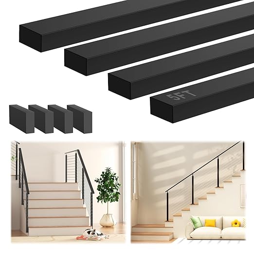 5FT Black Handrail with POM Connector, 2 Pack Stainless Steel T304 Rectangular Cable Railing Handrail Flat Deck Top Rail with Metal End Caps for Indoor Outdoor Deck Stair Cable Railing System