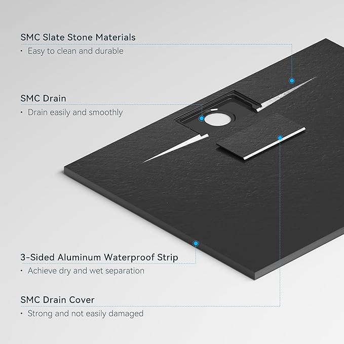FerdY 47.2"x35.4" Low Threshold Shower Base, Non-Slip SMC Slate Stone Surface Shower Pan with SMC Drain Cover and 3-Sided Aluminum Waterproof Strip, Black