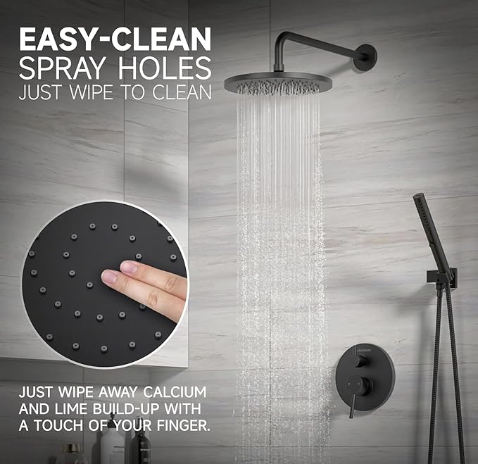 Lava Odoro Modern 2-Setting Round Rain Shower System with Handheld, Matte Black Rainfall Shower Faucet Set Rain Shower Head and Handle Set, Shower Valve Trim Kit, 10 Inch, Matte Black, SF104-MB