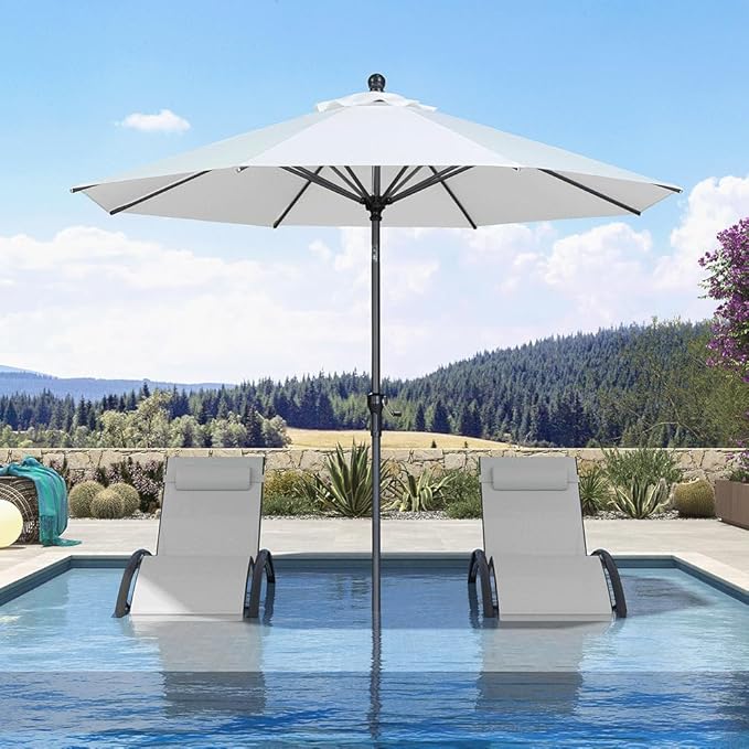 PURPLE LEAF 9' Round Patio Umbrella Outdoor Table Umbrella Aluminum Frame Market Umbrella Sun Umbrella with 8 Sturdy Ribs Tilt for Garden Deck Lawn Pool White