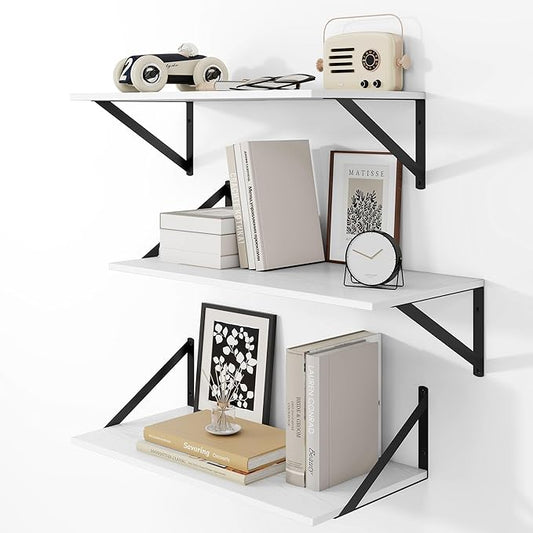 Heimlove 24" W x 12" D Wall Shelves for Books, 12 Inch Deep Floating Shelves Set of 3, Wide Floating Bookshelf with Metal Bracket for Living Room, Kitchen, Office, Bedroom and Decor Storage - White