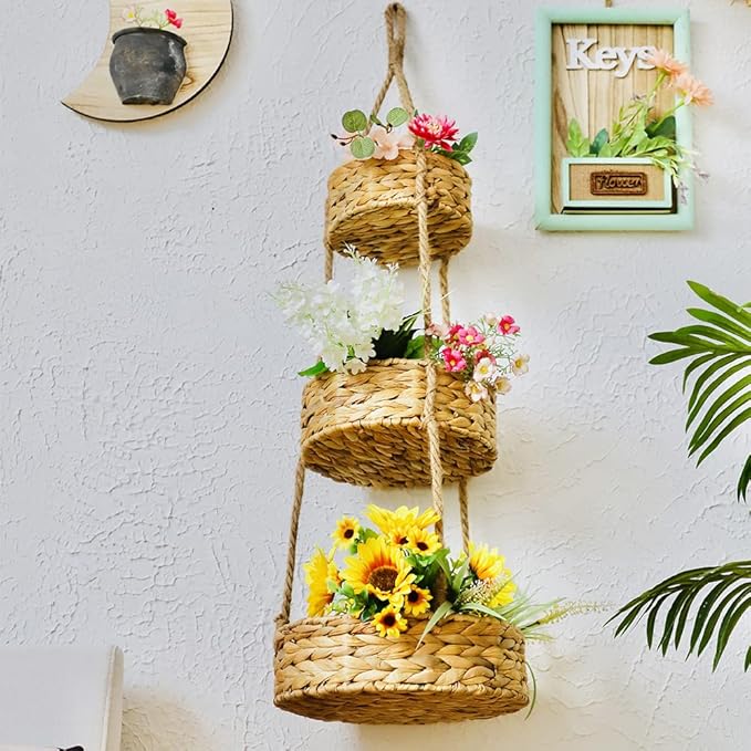 KINGWILLOW 3 Tier Hanging Fruit Basket, Handmade Natural Water Hyacinth Wall Vegetable Storage Baskets, Space Saver for Kitchen Organizing Plant Holder