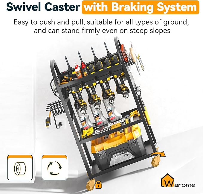 Warome Power Tool Organizer Cart with 8 Movable Charging Station, 4-tire Rolling Utility Cart for 8 Electrical Drills Holders, Storage Cart on Wheels for Garage Storage in Black, Gifts for Man