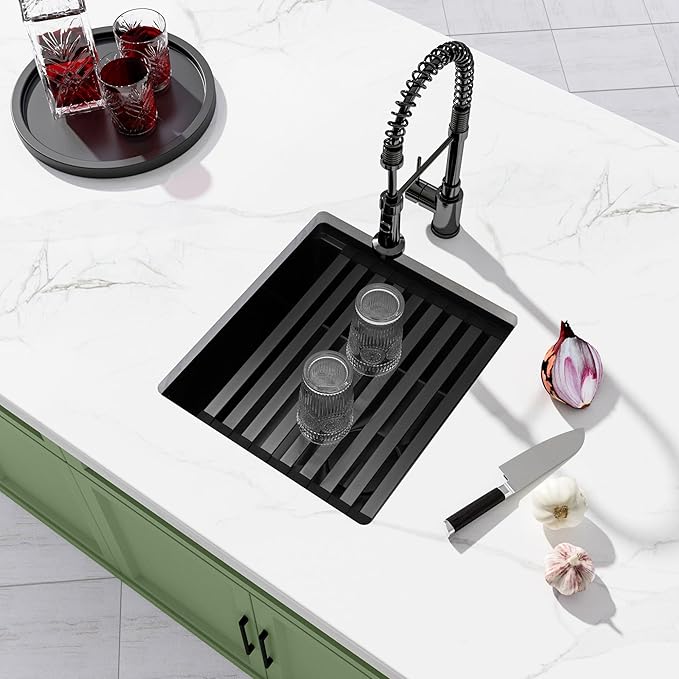 Black Bar Sink Undermount,Small Bar & Prep Sinks,16 Gauge Stainless Steel Bar Sink with Workstation for Wet Bar Area,Special Offset Drain Design (16" X 18")