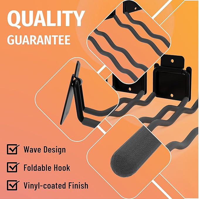 HUHOLE Garage Hooks, Ladder Hangers for Garage Wall, Shovel Holder, 4 Pack Heavy Duty Hook for Ladder, Rake, Folding Chair, Yard Tools, Garden Tool, 12” Wave Curved Utility Hooks