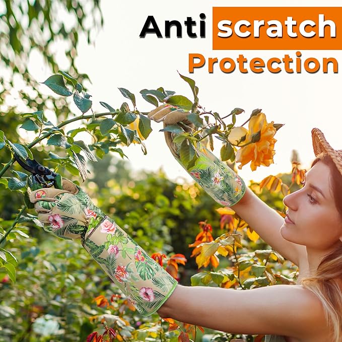 HANDLANDY Leather Gardening Gloves for Women, Scratch Resistant Breathable Ladies Rose Pruning Garden Gauntlet Yard Gloves, Gift for Gardeners (Khaki, M)
