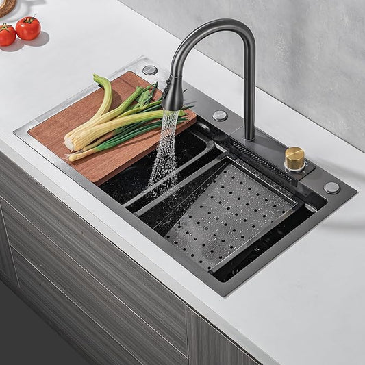 30"Kitchen Sink with Faucet Combo Waterfall Black Stainless Steel Waterfall Sink Kitchen Countertop Multi-Functional Sinks Farmhouse Undermount or Countertop Drop in