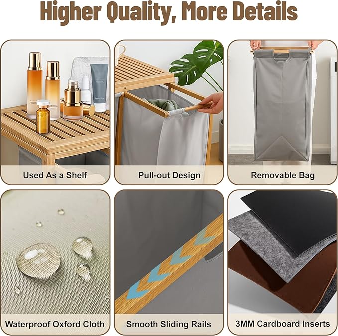 Bamboo Laundry Hamper 3 Section with Lid, 150 L Laundry Sorter with Pull-Out Removable Washable Bags, 3 × 12.5 Gal Divided Laundry Baskets for Laundry Room, Bathroom (Gray)