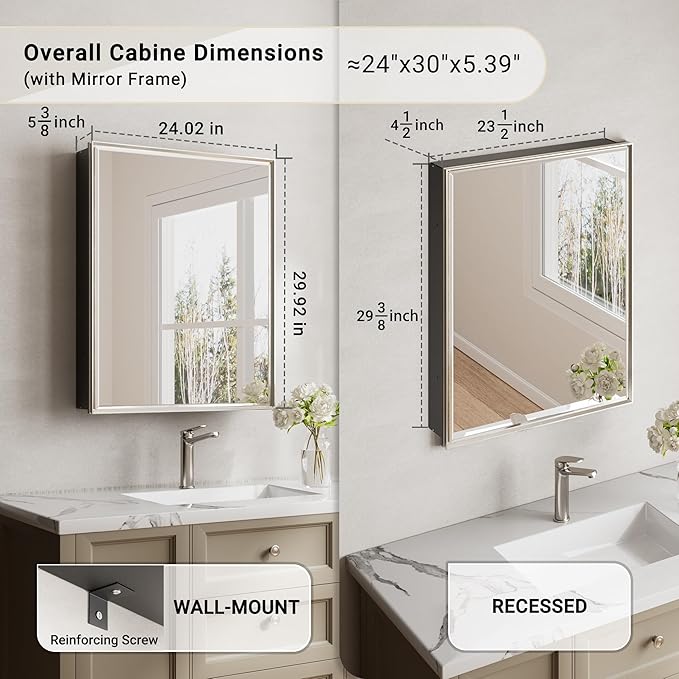 24''x 30'' Brushed Nickel Medicine Cabinet, Recessed or Surface Framed Medicine Cabinet with Beveled Mirror Pre-Assembled, Reversible Bathroom Storage Vanity Cabinet with Adjustable Shelves