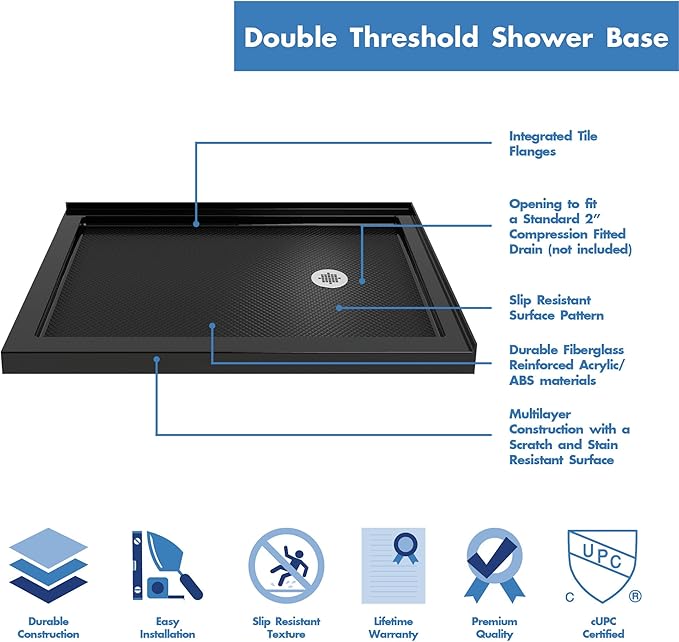 DreamLine SlimLine 36 in. D x 48 in. W x 2 3/4 in. H Right Drain Double Threshold Shower Base in Black, DLT-1036482-88