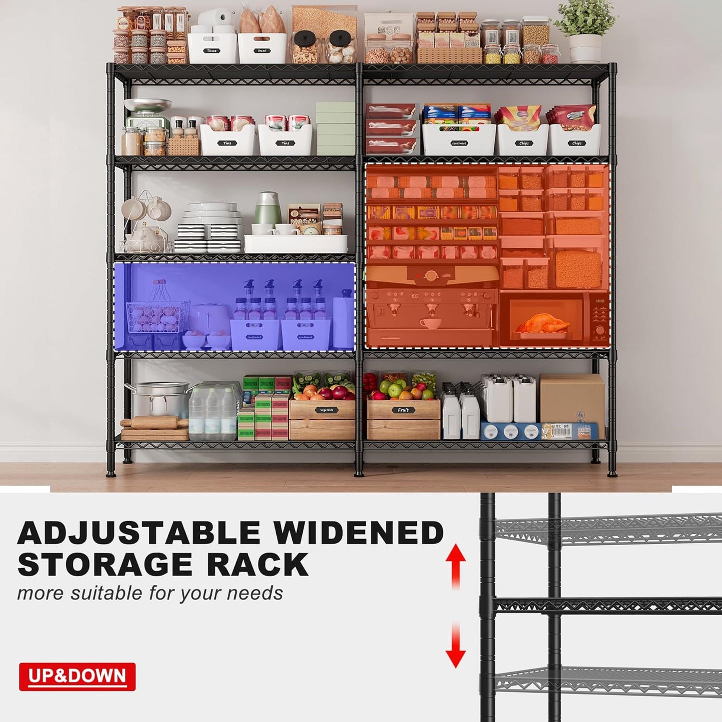 REIBII 1500LBS Storage Shelves Metal Shelving Unit 61.7''W Wire Shelving, 5 Tier Pantry Shelves Kitchen Shelves Adjustable Wire Shelf for Garage Shelving Heavy Duty, 61.7" W*72.4" H*15.8" D