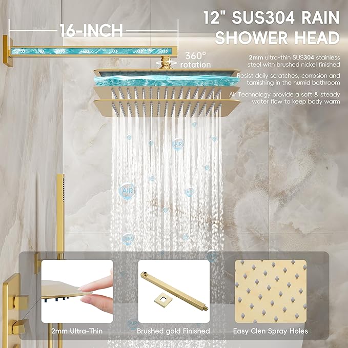 Alesco Shower Faucet Set, Gold Shower System with 12-Inch High-Pressure Rainfall Showerheads and Handheld Spray combo, Showerfixture Include Valve and Trim Kit, Brushed Gold