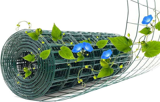 Green Metal Garden Fence, 48inch(H) x 50ft(L), 2 inch x 3 inch,14GA 2/3/4/5/6 Ft Tall Chicken Wire PVC Coated Welded Wire Mesh Roll for Dogs Border Yard Vegetable Plant Protection Poultry Netting