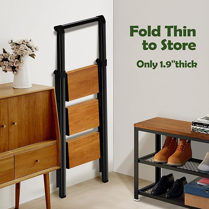 Taranta 3 Step Ladder, Portable Folding Ladder with Wide Pedal, Lightweight Aluminum Step Stool with Convenient Handgrip, 330 lbs Capacity Stepladder for Home, Office - BlackWoodgrain