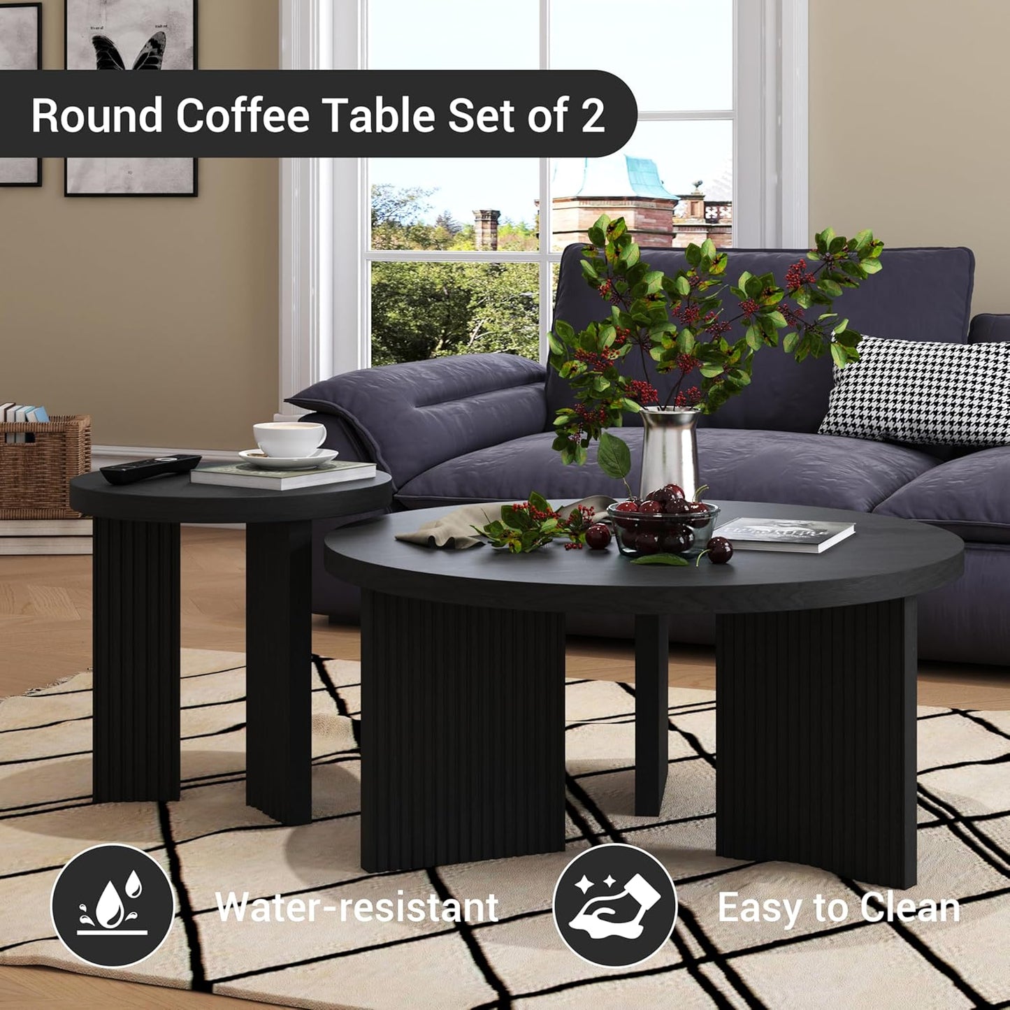 Nesting Coffee Table Set of 2, Modern Wooden Coffee Table with Smooth Thick Design, Circle Tea Table and End Table Set, Accent Center Tables for Living Room, Office, Black