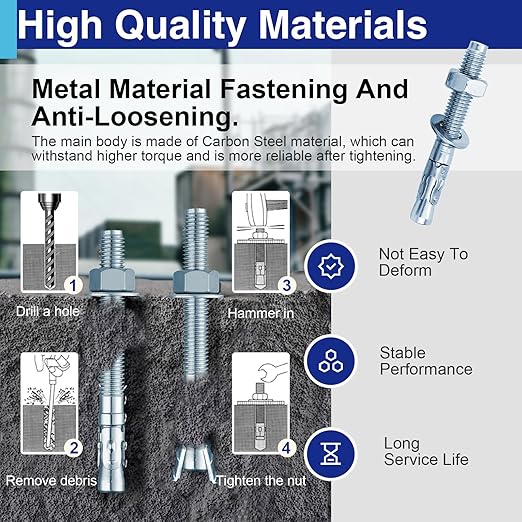 10Pcs M12×125mm Wedge Anchor Bolt, Carbon Steel Zinc Plated, Concrete Anchor Screws Kit, Anti-Rust Metric Expansion Bolts