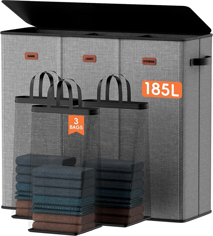 185L Laundry Hamper 3 Section, Laundry Hamper with Lid, Dirty Clothes Hamper with 3 Removable Washing Bags, Extra Large Laundry Basket Organizer for Bedroom, Laundry Room, Dorm - Gray