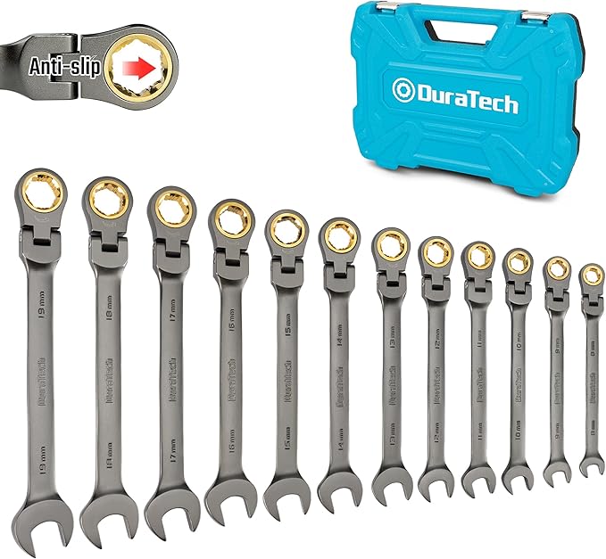 DURATECH Anti-Slip Flex-Head Ratcheting Wrench Set, Combination Wrench Set, 12-Piece, 72-Tooth, Metric, 8-19 mm, CR-V Steel, Organized in Storage Case