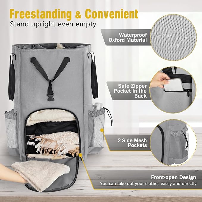Laundry Bag Backpack Extra Large, 110L Laundry Backpack Heavy Duty with Shoulder Straps, Collapsible and Mesh Pocket Dorm Laundry Basket Hamper Bag for College, Travel, Laundromat, Apartment Grey
