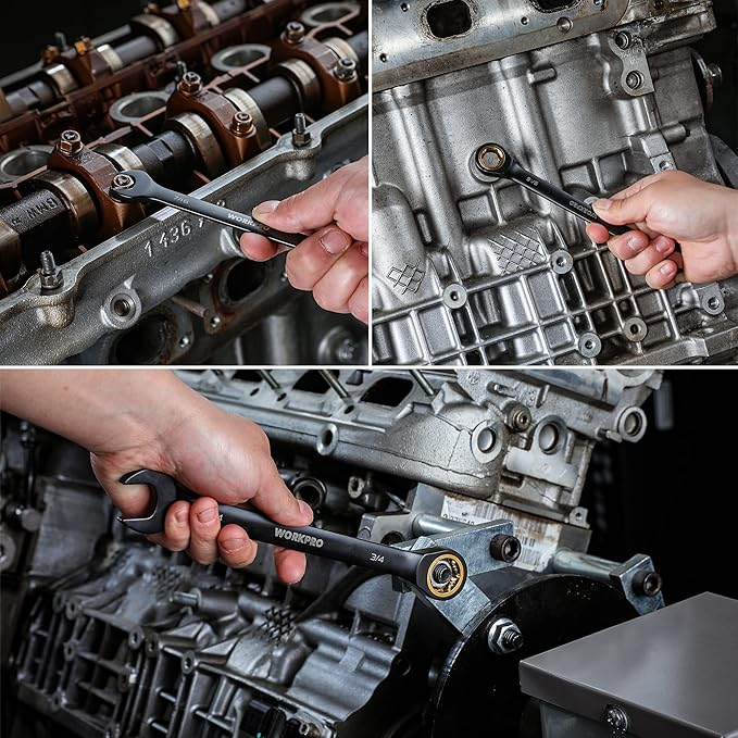 WORKPRO 9-Piece Anti-Slip Ratcheting Combination Wrench Set, SAE 1/4"-3/4", 72-Teeth, Cr-V Constructed, Black Ratchet Wrenches Set with Roll Up Pouch