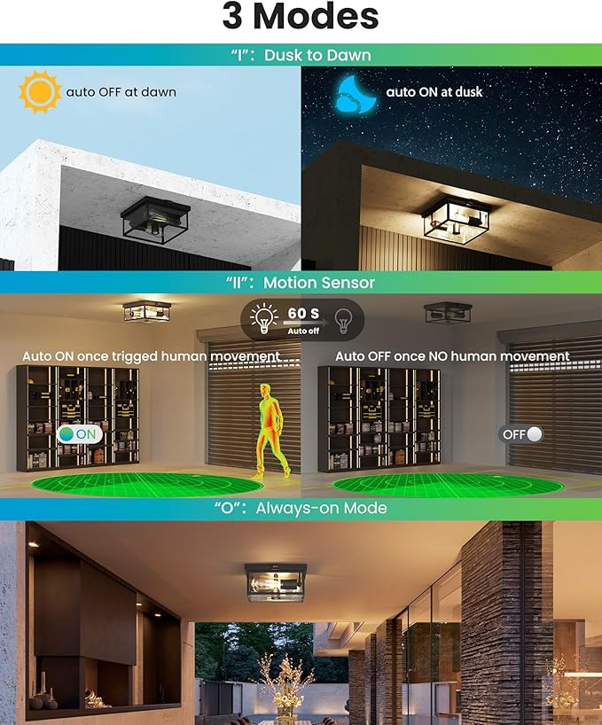 Outdoor Ceiling Light with Motion Sensor, Flush Mount Porch Ceiling Light, Exterior Ceiling Light Fixture with Clear Glass, Dusk to Dawn 2-Light Close to Ceiling Light Fixture for Patio,Porch,Garage