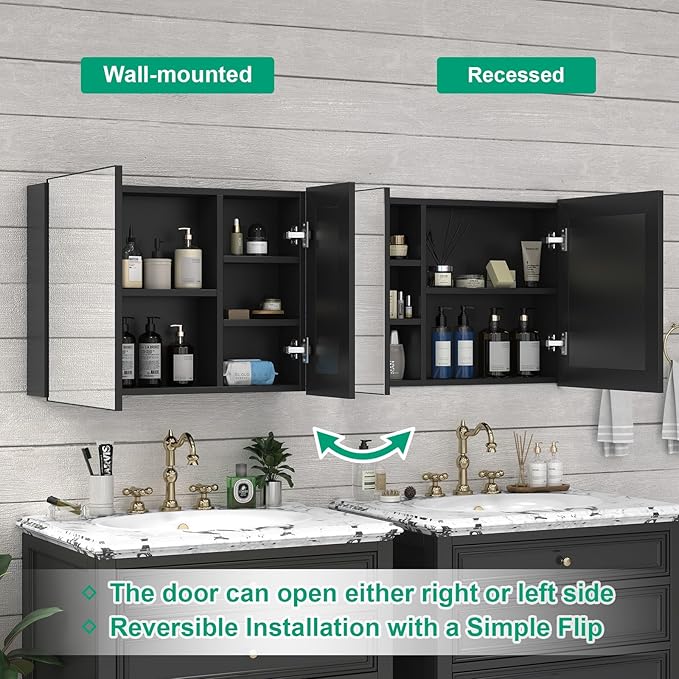 32 x 24 Farmhouse Medicine Cabinet, Tempered Frameless Bathroom Mirror with Storage, Black Recessed or Surface Mount Aluminum Medicine Cabinet for Bathroom Modern