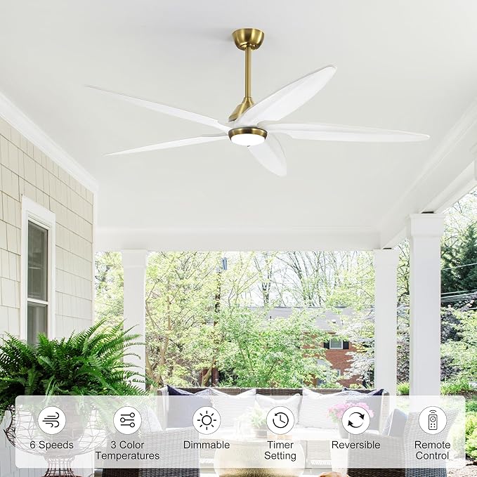 64 Inch Modern Ceiling Fan with Lights and Remote, 5 Wood Blades, 6-Speed Noiseless Reversible DC Motor with Replaceable Downrods for Bedroom Living Room Dining Room, Gold and White