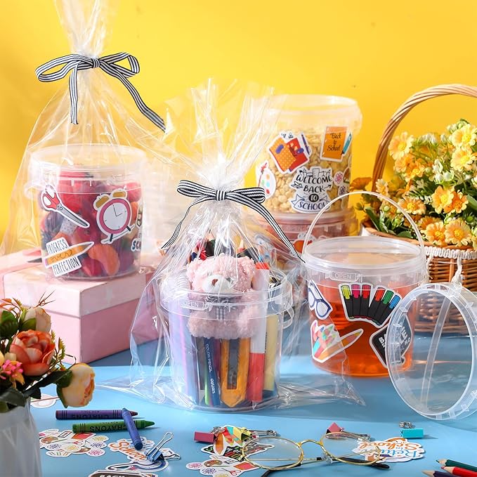 PerKoop 20 Pcs 32 oz Ice Cream Buckets with Lids and Handles Cocktail Rum Buckets for Drinks with 180 Back to School Stickers Clear Plastic Bucket Reusable Food Storage Containers for Parties