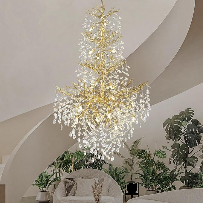 H61'' Gold Crystal High Ceilings Chandeliers Staircase Chandeliers Modern Crystal Tree Branch Chandelier, D40'' Foyer Chandelier for High Ceiling Luxury Large Living Room Chandelier, 23-Lights
