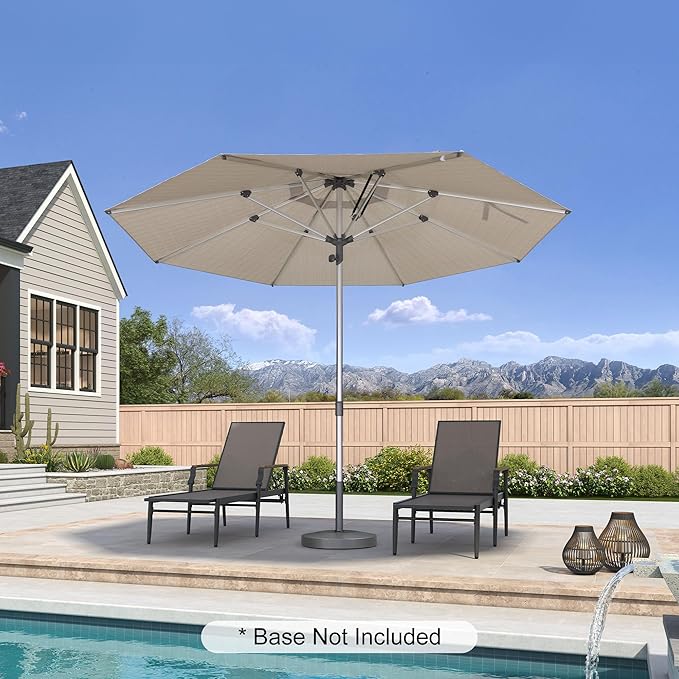 PURPLE LEAF 11.5 FT Semi-Auto Outdoor Patio Umbrella Market Table Sun Umbrellas with 8 Aluminum Sturdy Ribs for Backyard Deck Garden Pool (Silver Pole Beige Canopy)