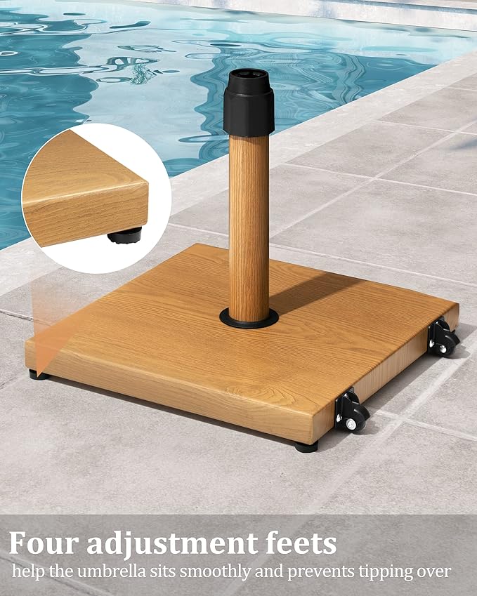 42lbs Patio Umbrella Base with Wheels - Heavy Duty Outdoor Patio Market Umbrella Stand for Deck, Poolside, Balcony, Wind-Resistant Design, Decorative Wood Pattern