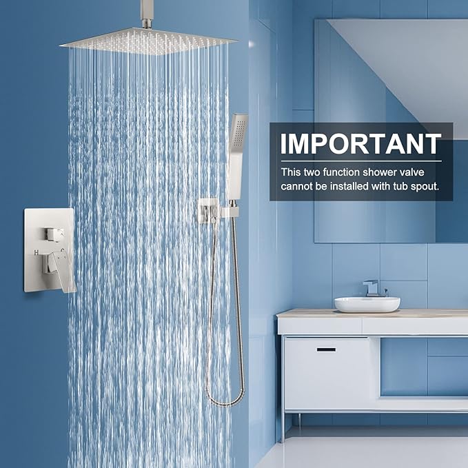 NERDON Shower System, 12 Inch Brushed Nickel High Pressure Shower Head with Rain Handheld Combo Set, Ceiling Mounted Dual Shower Head System, Bathroom Shower Faucet Set Rough-in Valve Body and Trim